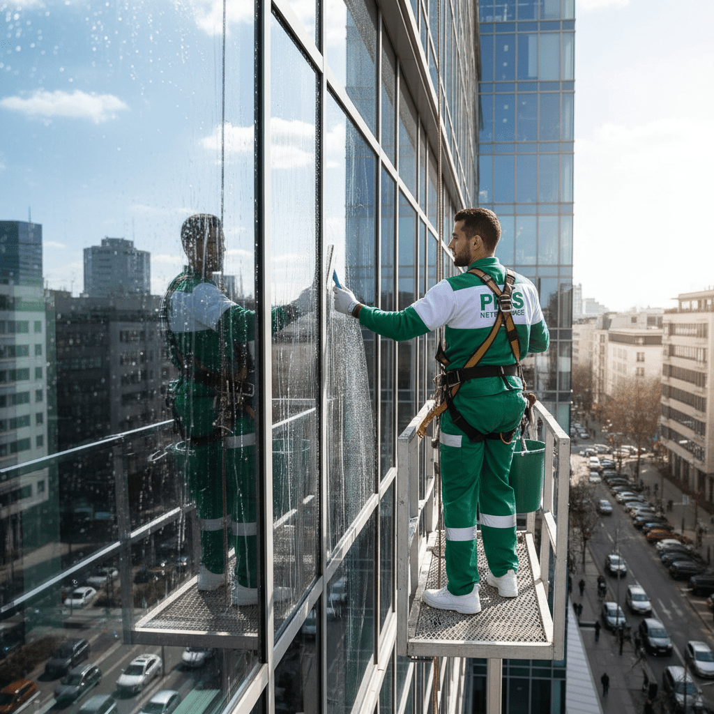 Homme qui nettoie des vitres en hauteur sur un echaffaudage