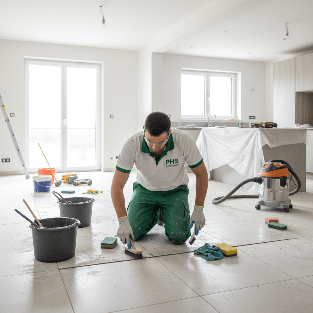 Homme qui nettoie un sol à genoux après un chantier