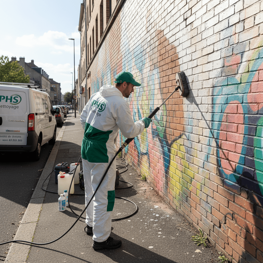 Homme qui efface un tags sur un mur avec une machine aerogomeuse