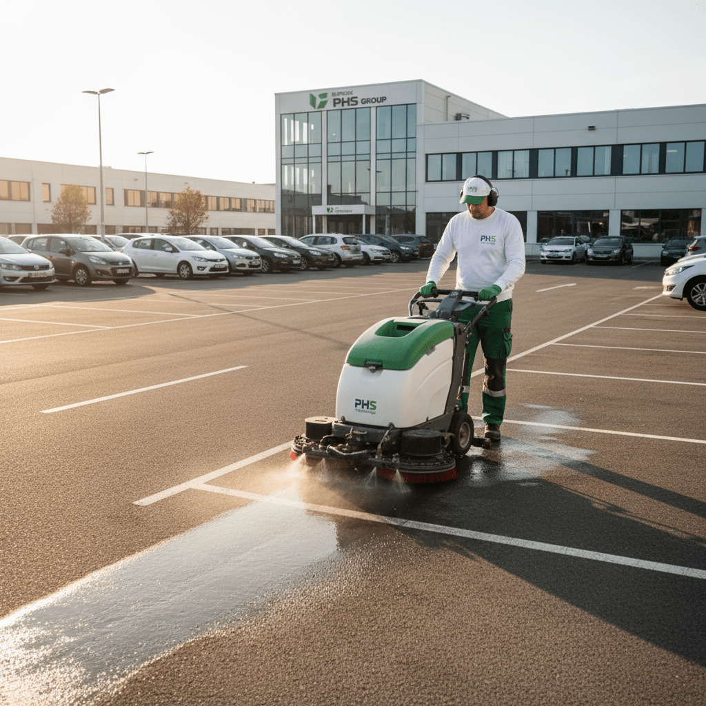 Homme qui nettoie le sol d'un parking avec une machine 