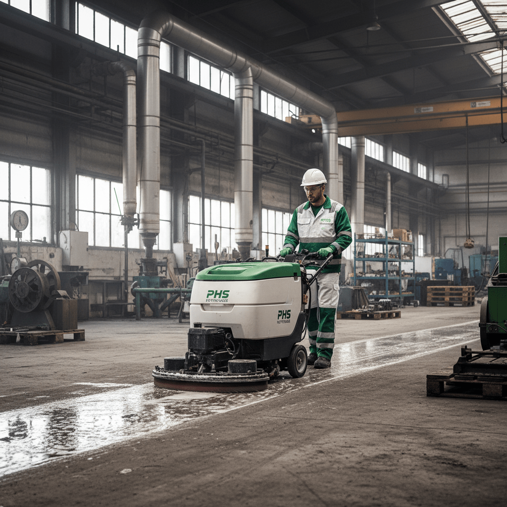 Homme qui nettoie le sol d'un site industriel avec une machine