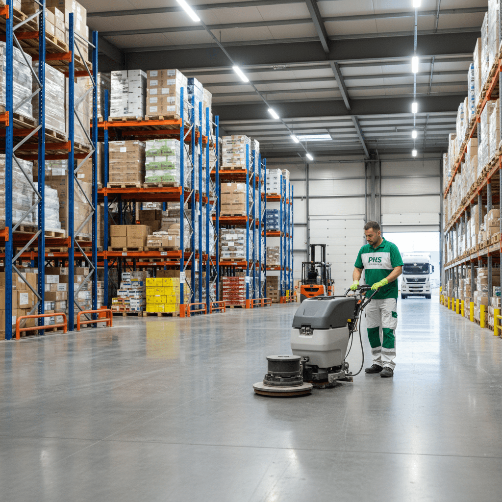 Homme qui nettoie un site logistique avec une machine