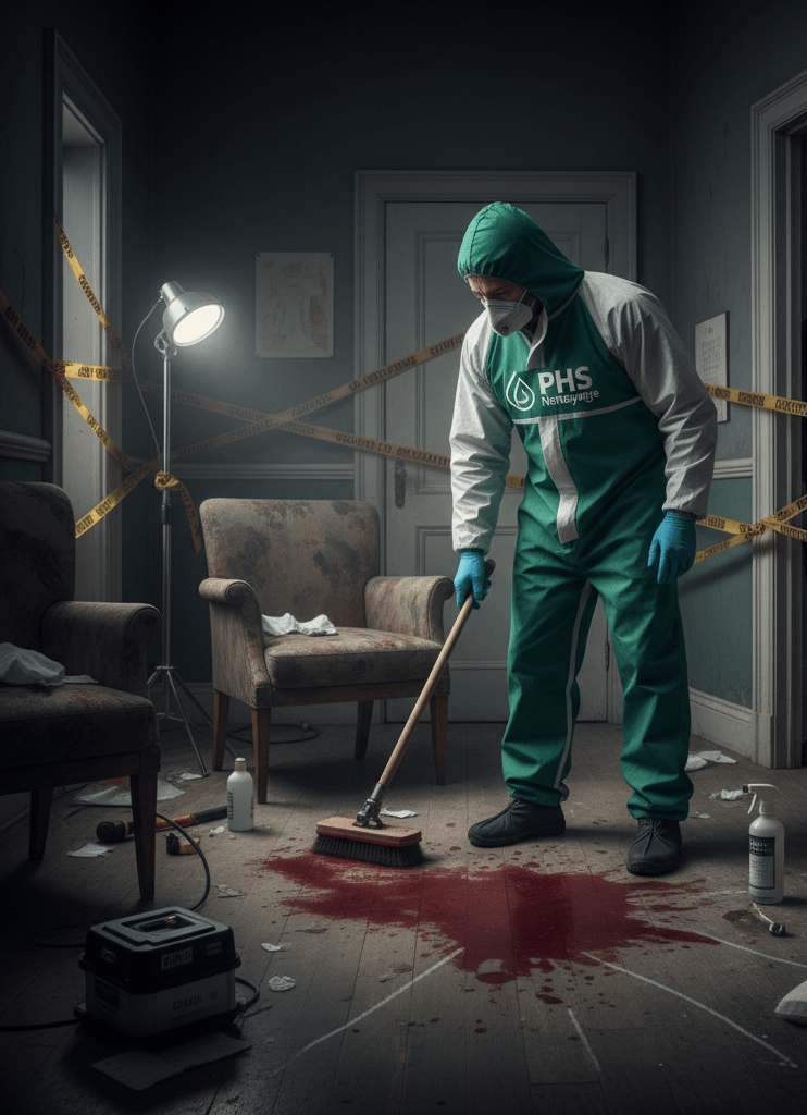 Homme en combinaison qui nettoie du sang d'une scene de crime