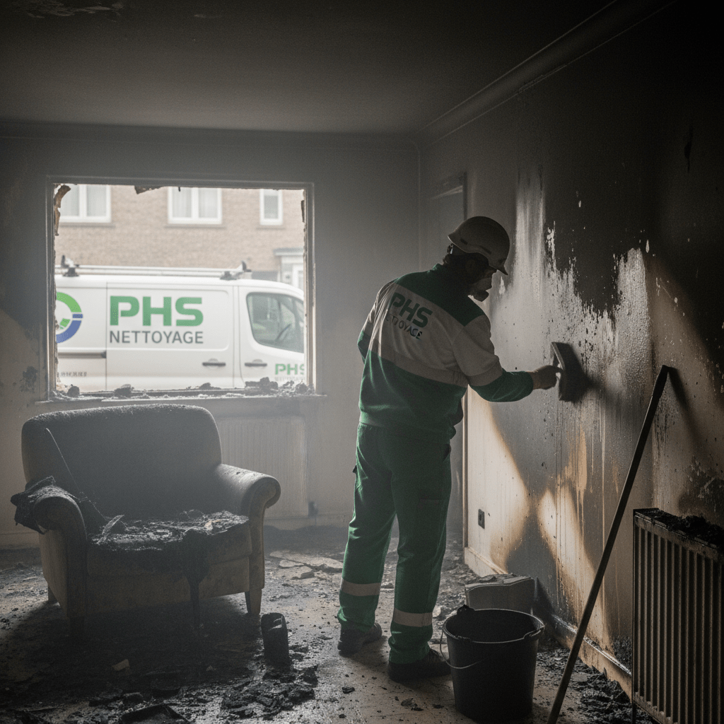 Homme qui nettoie une maison suite à un sinistre incendie