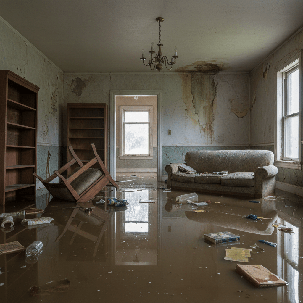 Salon d'une maison innondée par un dégât des eaux