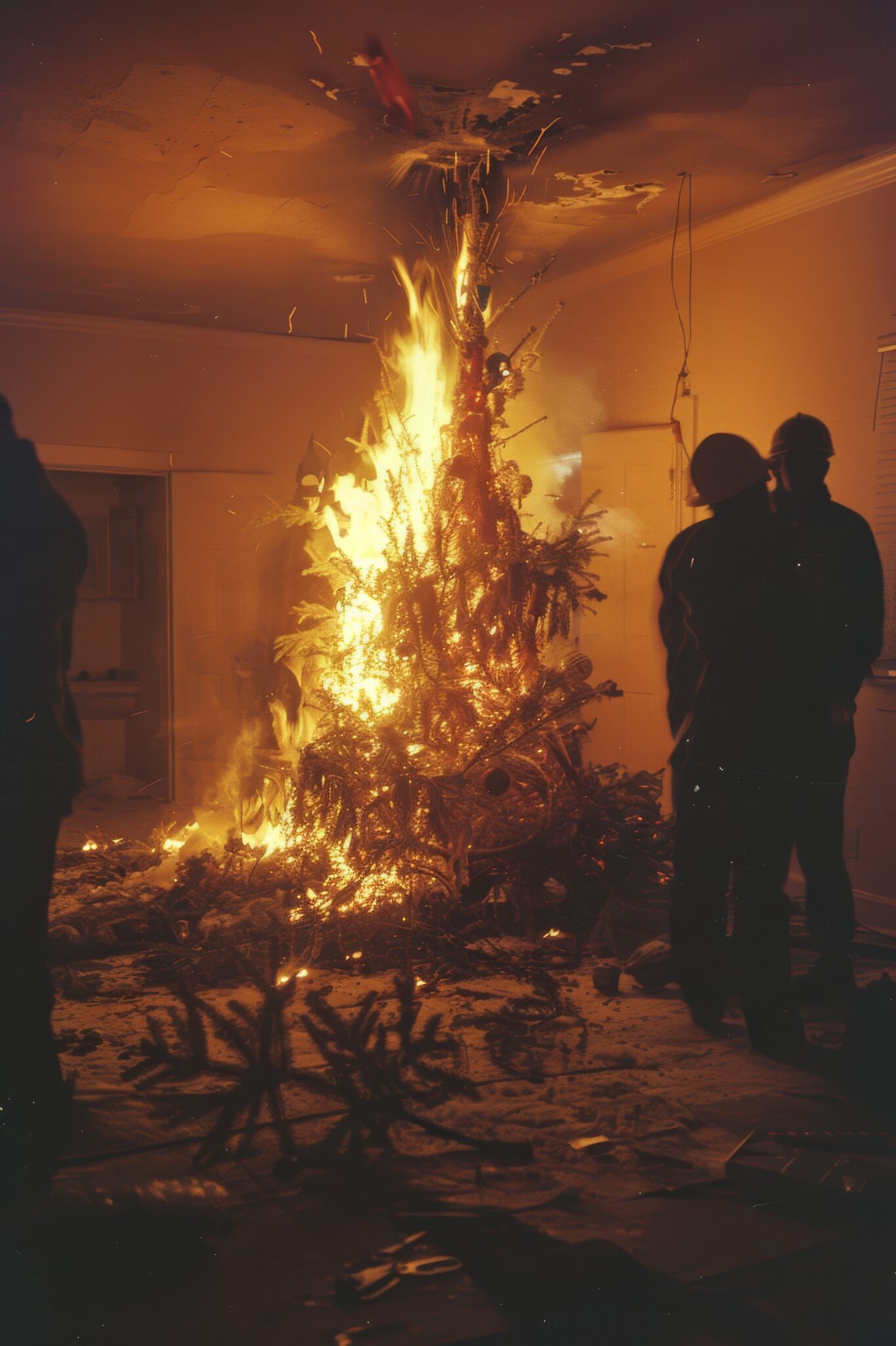 Arbre de Noël en feu dans une maison