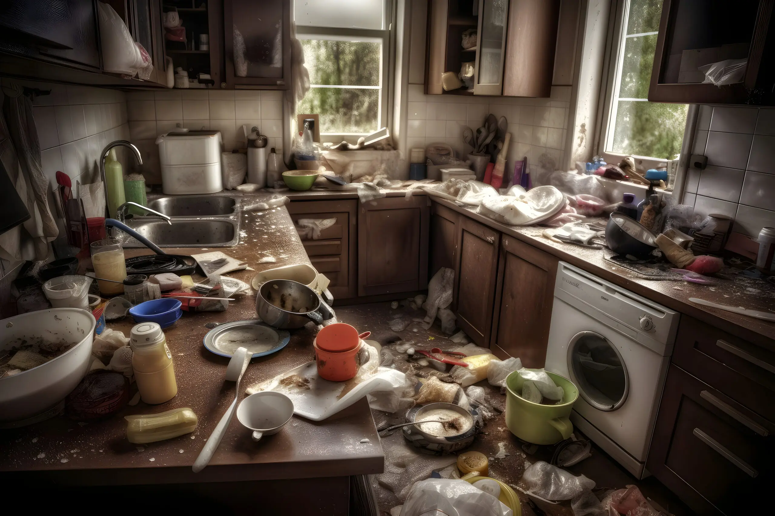 Cuisine en désordre avec vaisselle sale et déchets sur le comptoir.