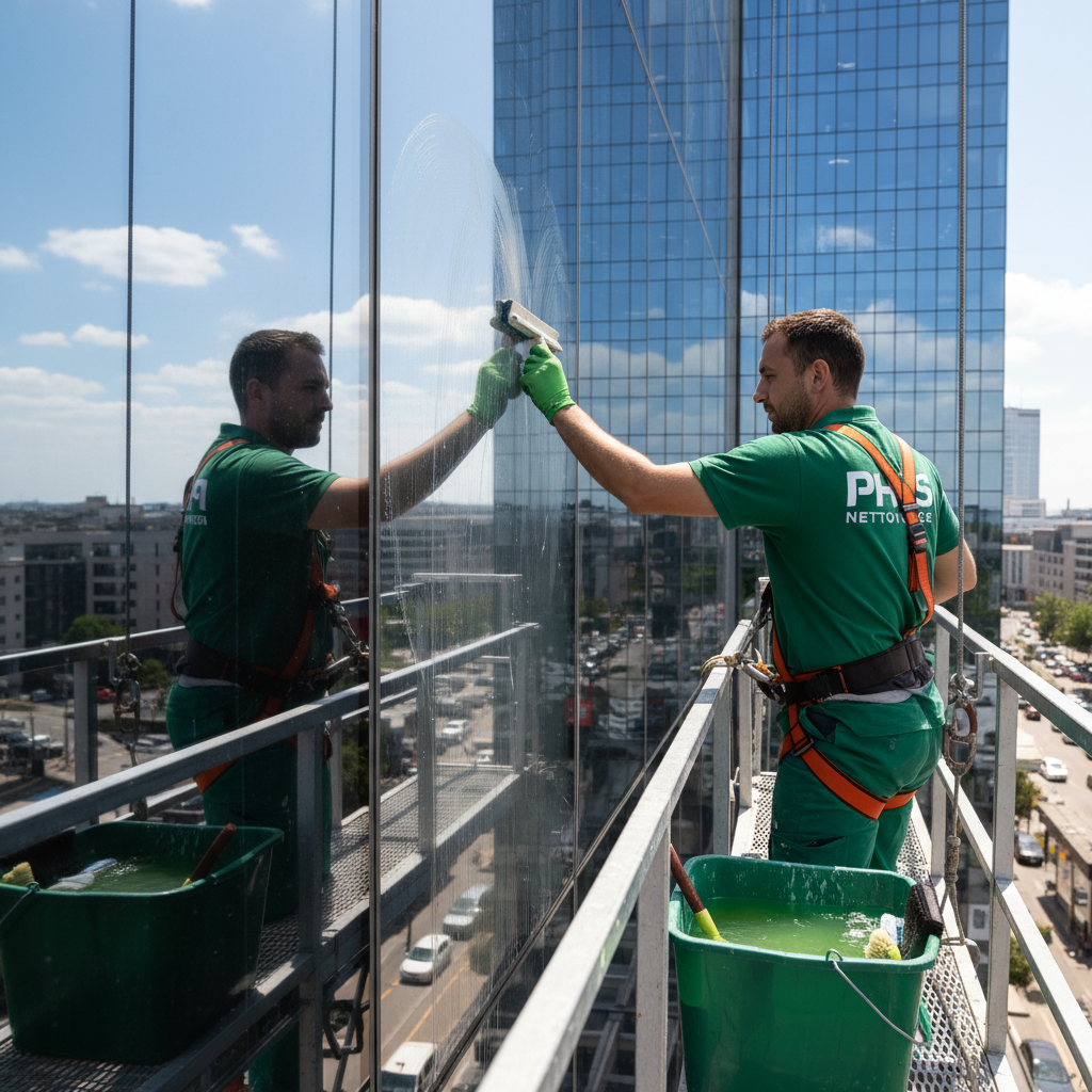 Un homme nettoie une fenêtre d'un bâtiment de grande hauteur.