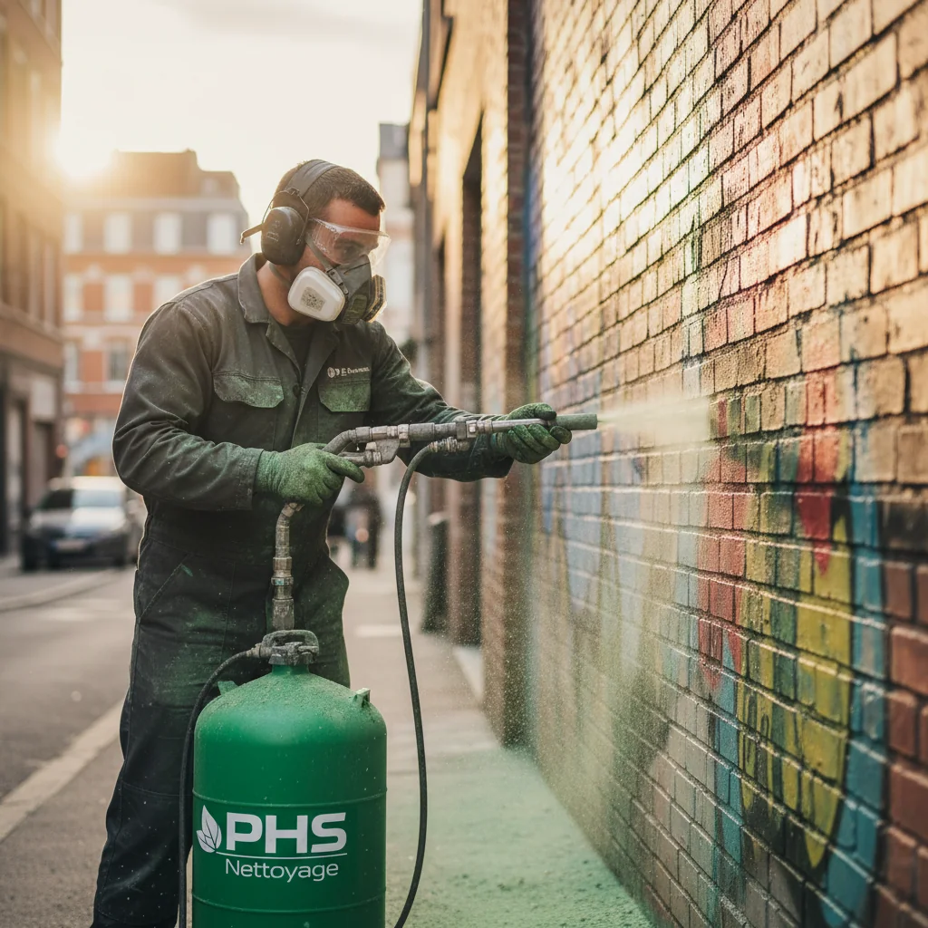 Un homme nettoyant un mur en brique avec un pulvérisateur.