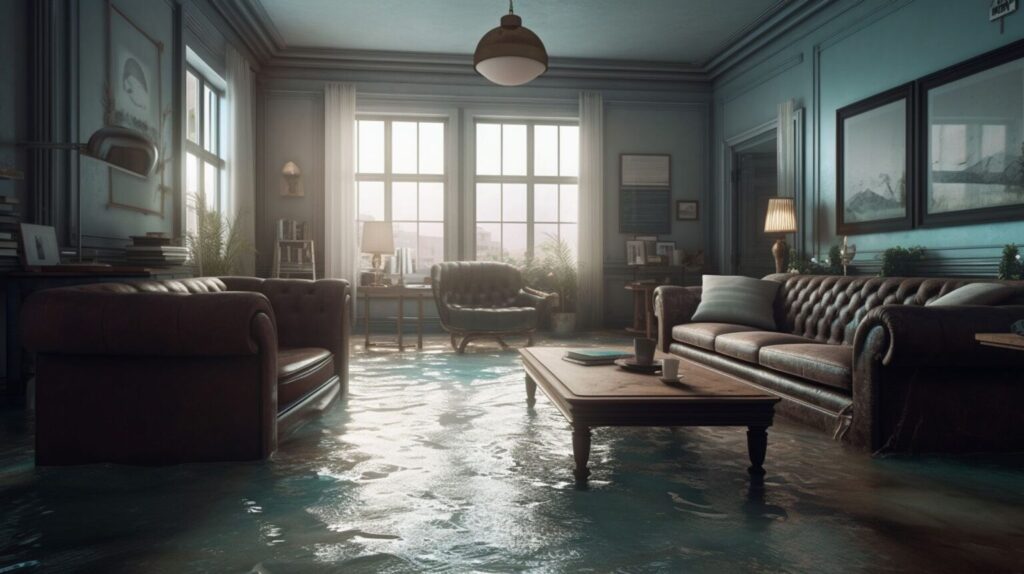 Un salon moderne avec un sol inondé et des meubles en cuir.