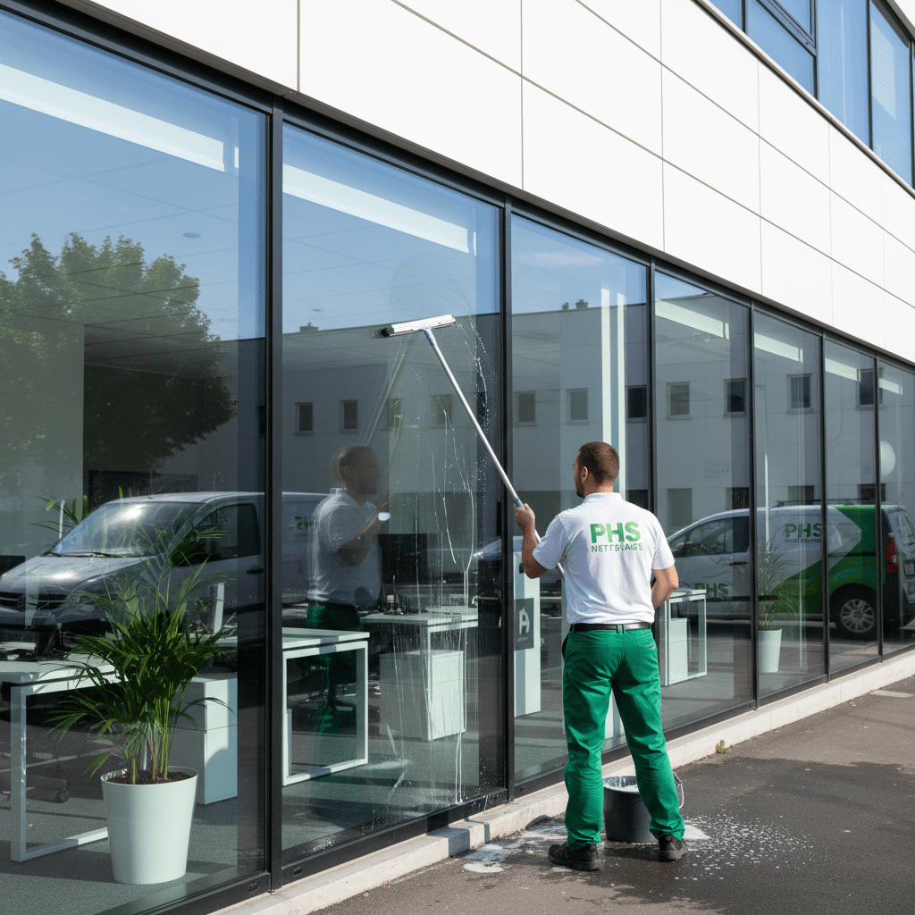 Agent phs nettoyage (vert et blanc) qui nettoie des vitres de bureaux en RDC