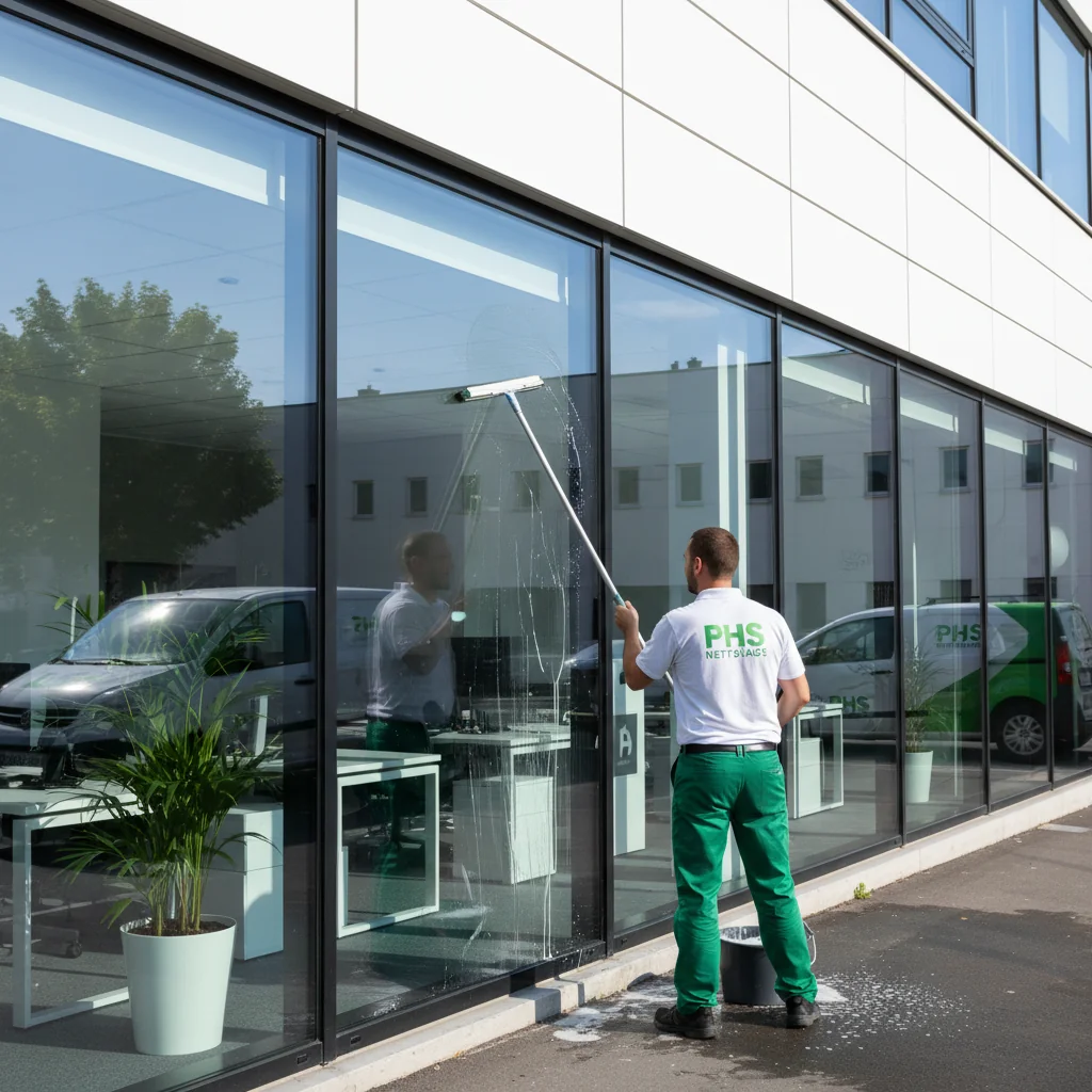 Agent phs nettoyage (vert et blanc) qui nettoie des vitres de bureaux en RDC