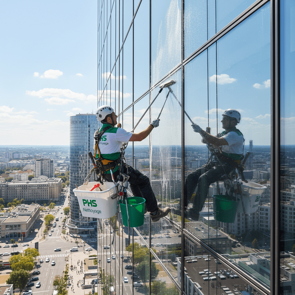 Agent phs nettoyage (vert et blanc) qui nettoie des vitres en hauteur