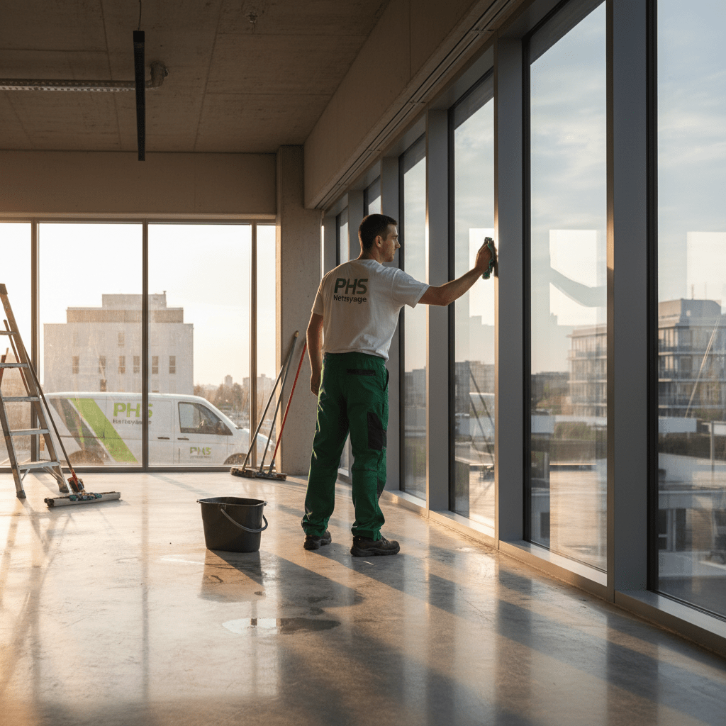 Finition d'un nettoyage après chantier par un agent de la société phs nettoyage(vert et blanc)
